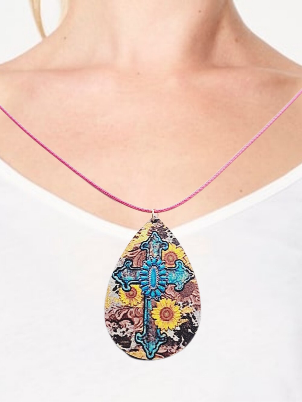 Teardrop Shaped Cross Pendant, with Cord Necklace. NWOT